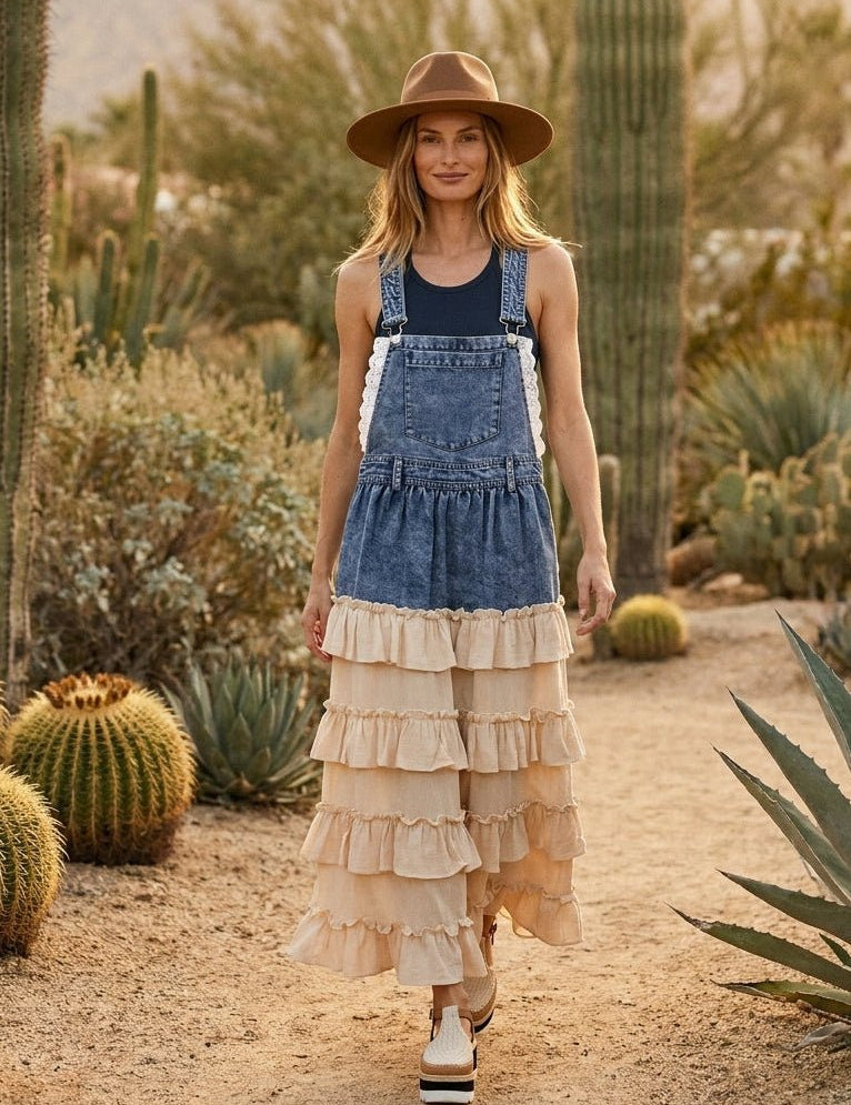 Tallulah Denim Overall Dress With Tiered Ruffle Skirt - Westly