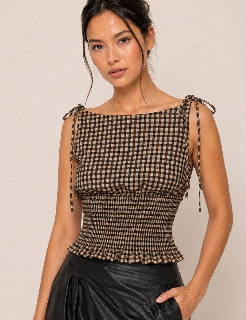 Tansy Gingham Tie Shoulder Top - Westly