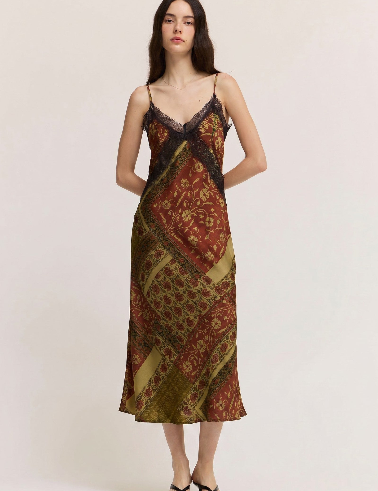 Tapestry Bloom Lace Trim Satin Slip Dress in Red Brown, photo 1