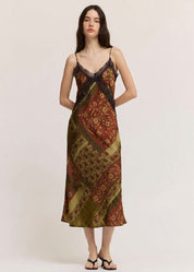 Tapestry Bloom Lace Trim Satin Slip Dress in Red Brown, photo 1