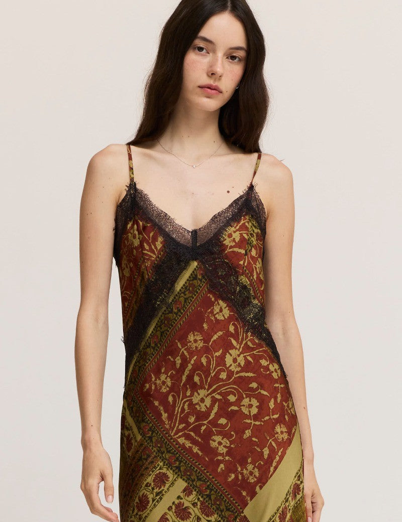 Tapestry Bloom Lace Trim Satin Slip Dress in Red Brown, photo 2