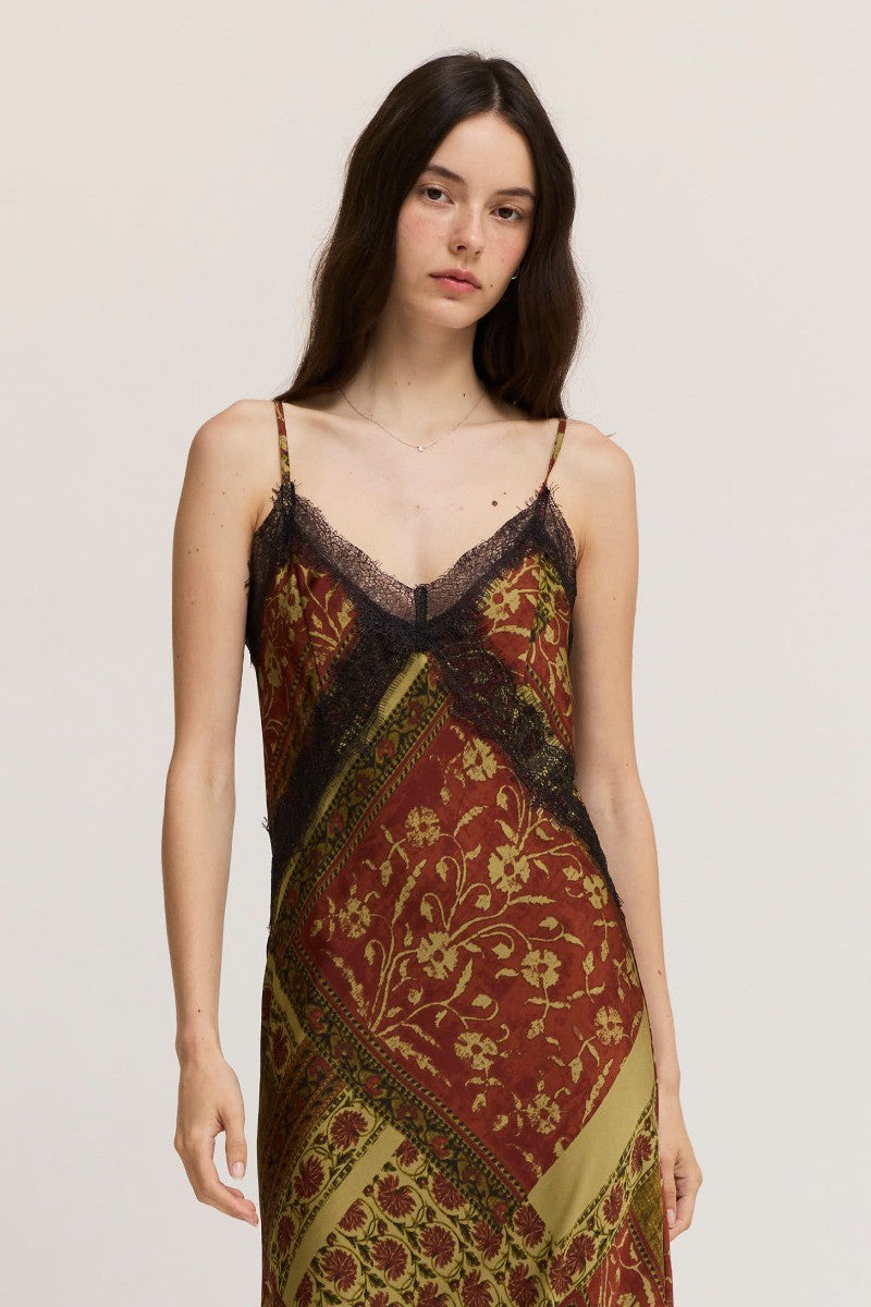 Tapestry Bloom Lace Trim Satin Slip Dress in Red Brown, photo 2