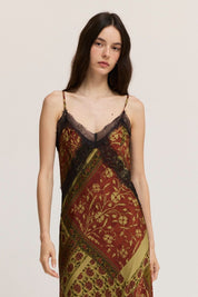 Tapestry Bloom Lace Trim Satin Slip Dress in Red Brown, photo 2