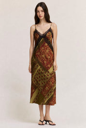 Tapestry Bloom Lace Trim Satin Slip Dress in Red Brown, photo 3