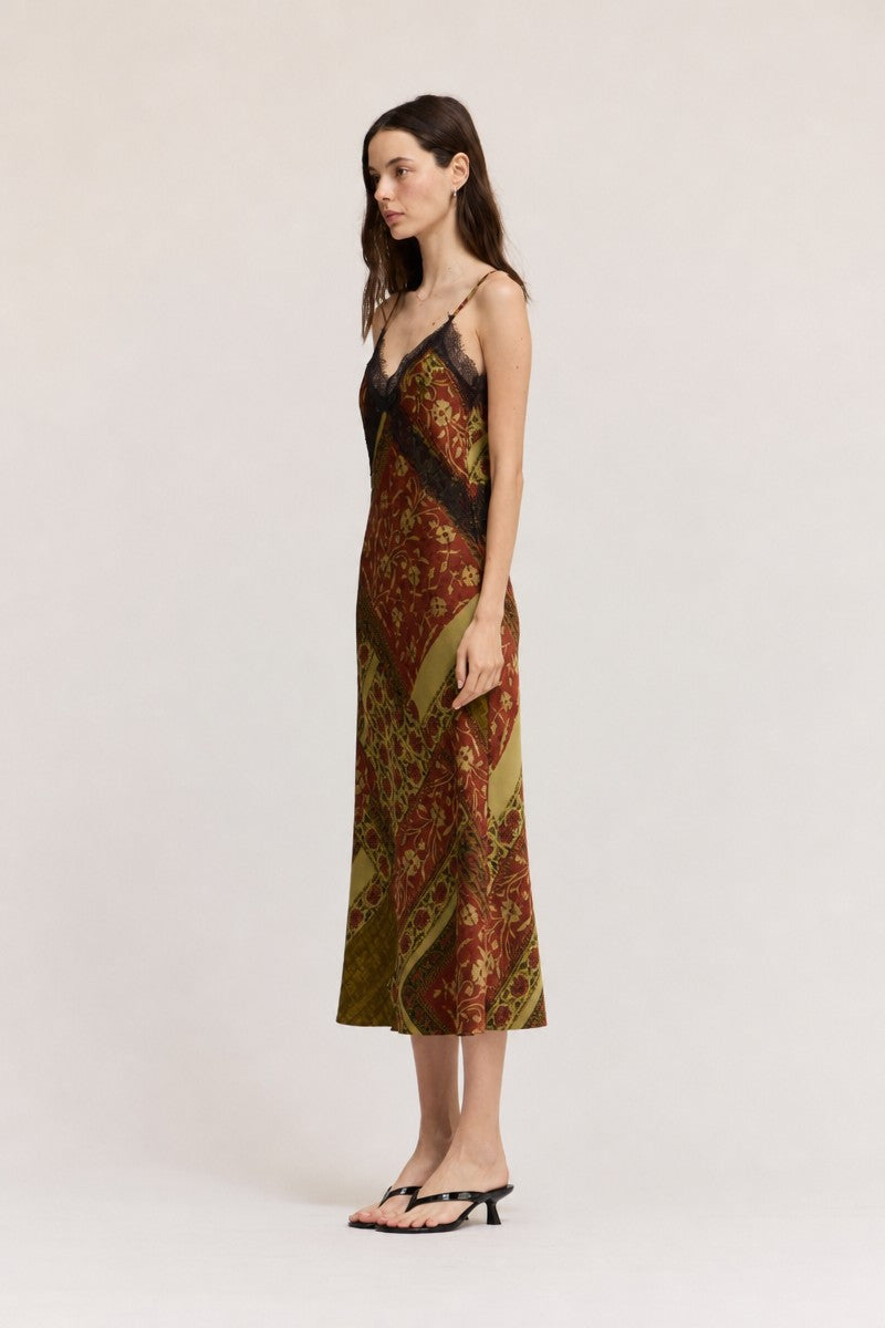 Tapestry Bloom Lace Trim Satin Slip Dress in Red Brown, photo 5