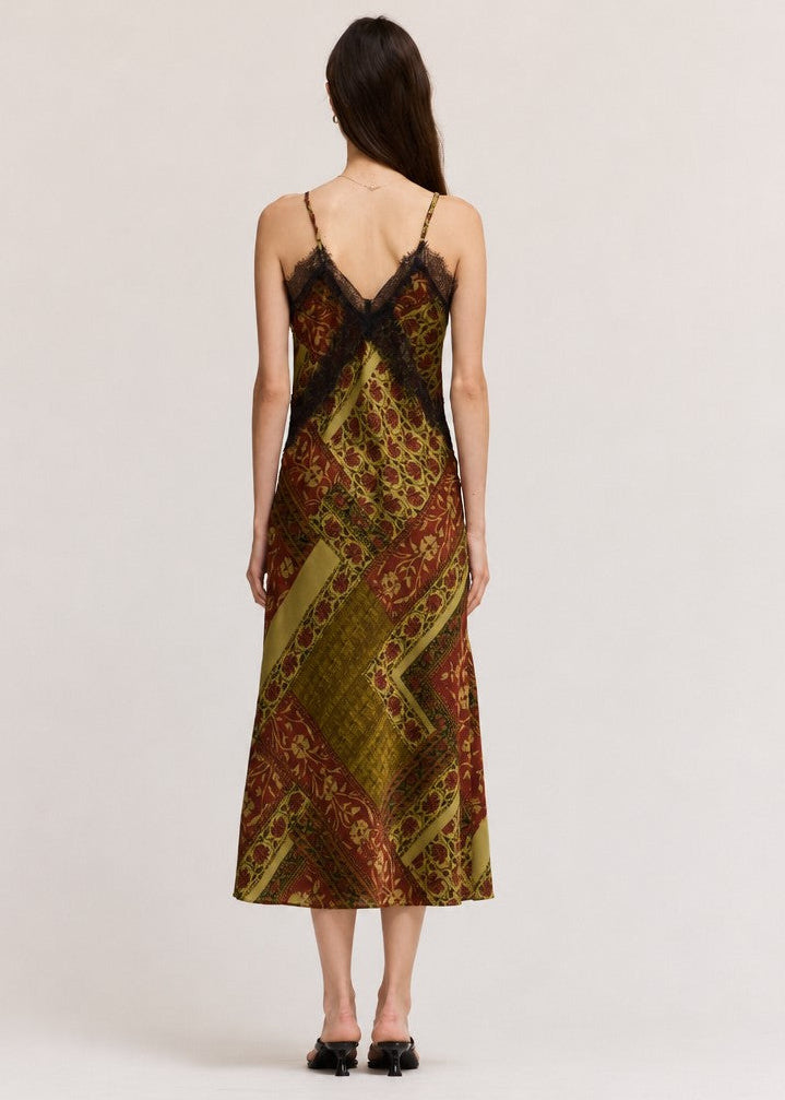 Tapestry Bloom Lace Trim Satin Slip Dress in Red Brown, photo 6