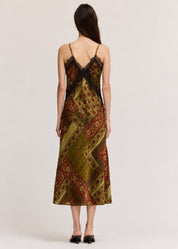 Tapestry Bloom Lace Trim Satin Slip Dress in Red Brown, photo 6