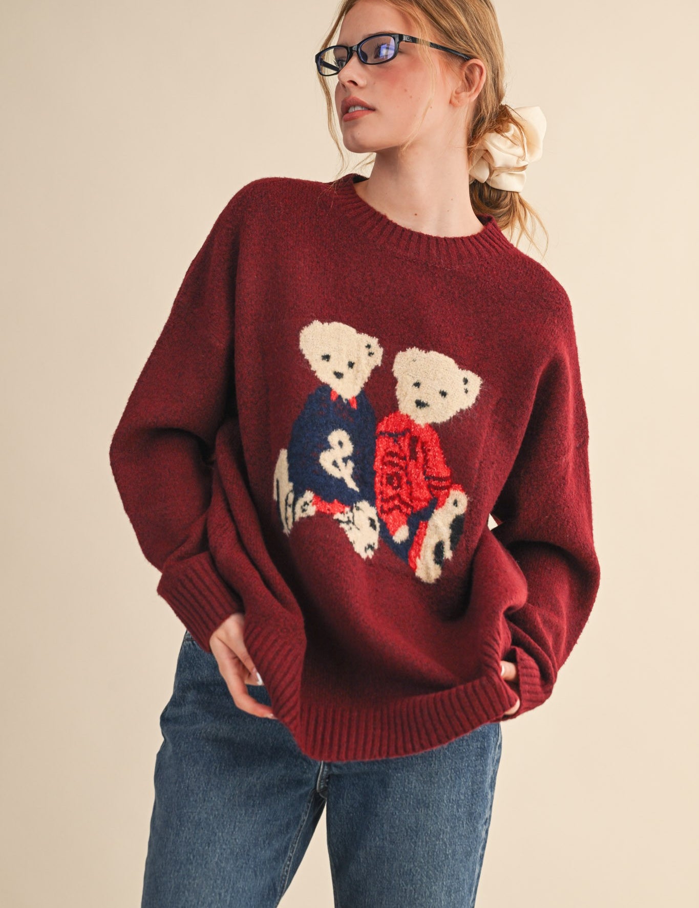 Teddy Companions Graphic Knit Sweater in Burgundy - product photo 1