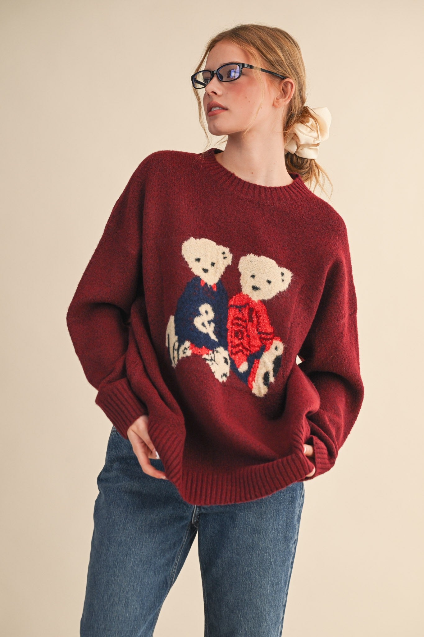 Teddy Companions Graphic Knit Sweater in Burgundy - product photo 1