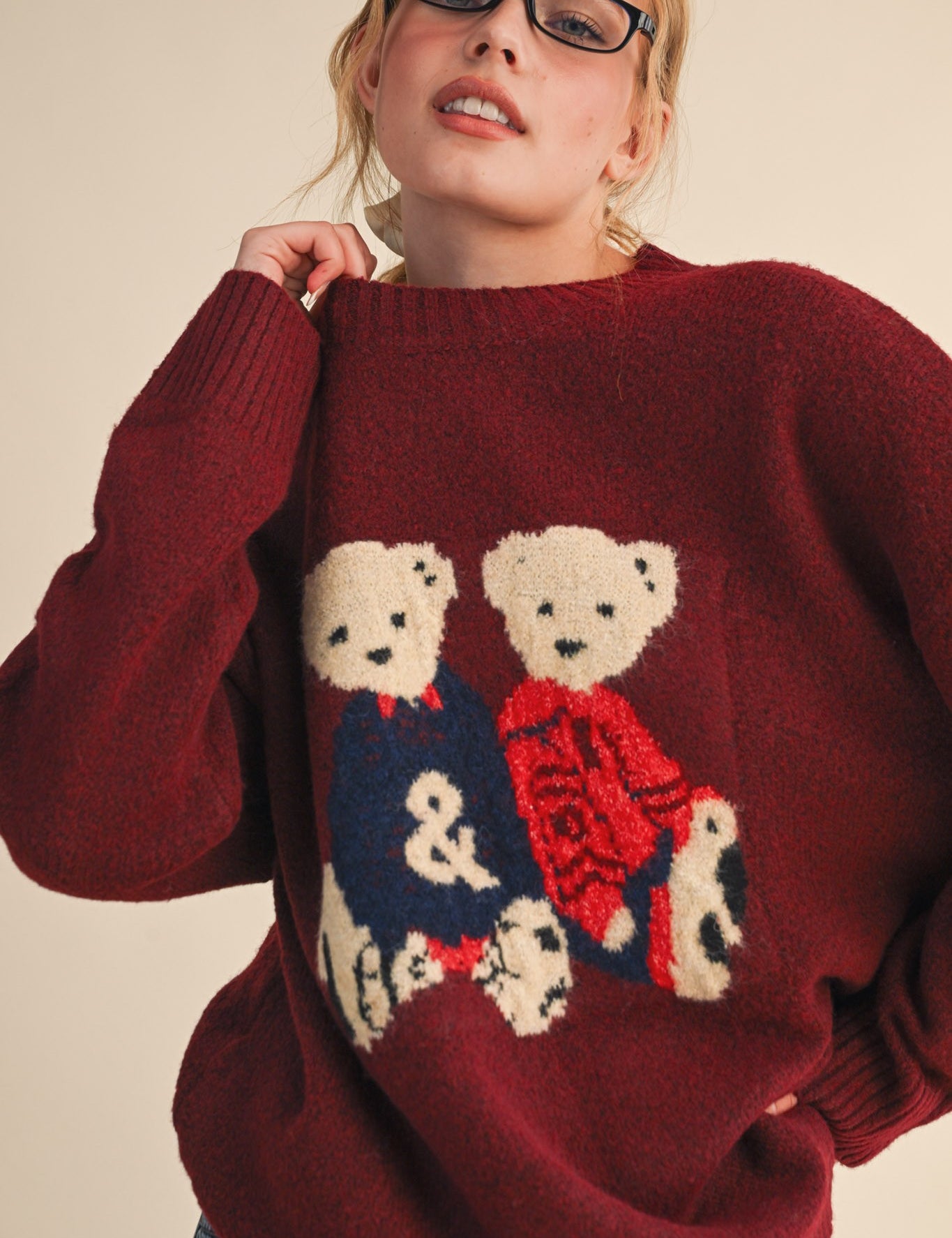 Teddy Companions Graphic Knit Sweater in Burgundy - product photo 2