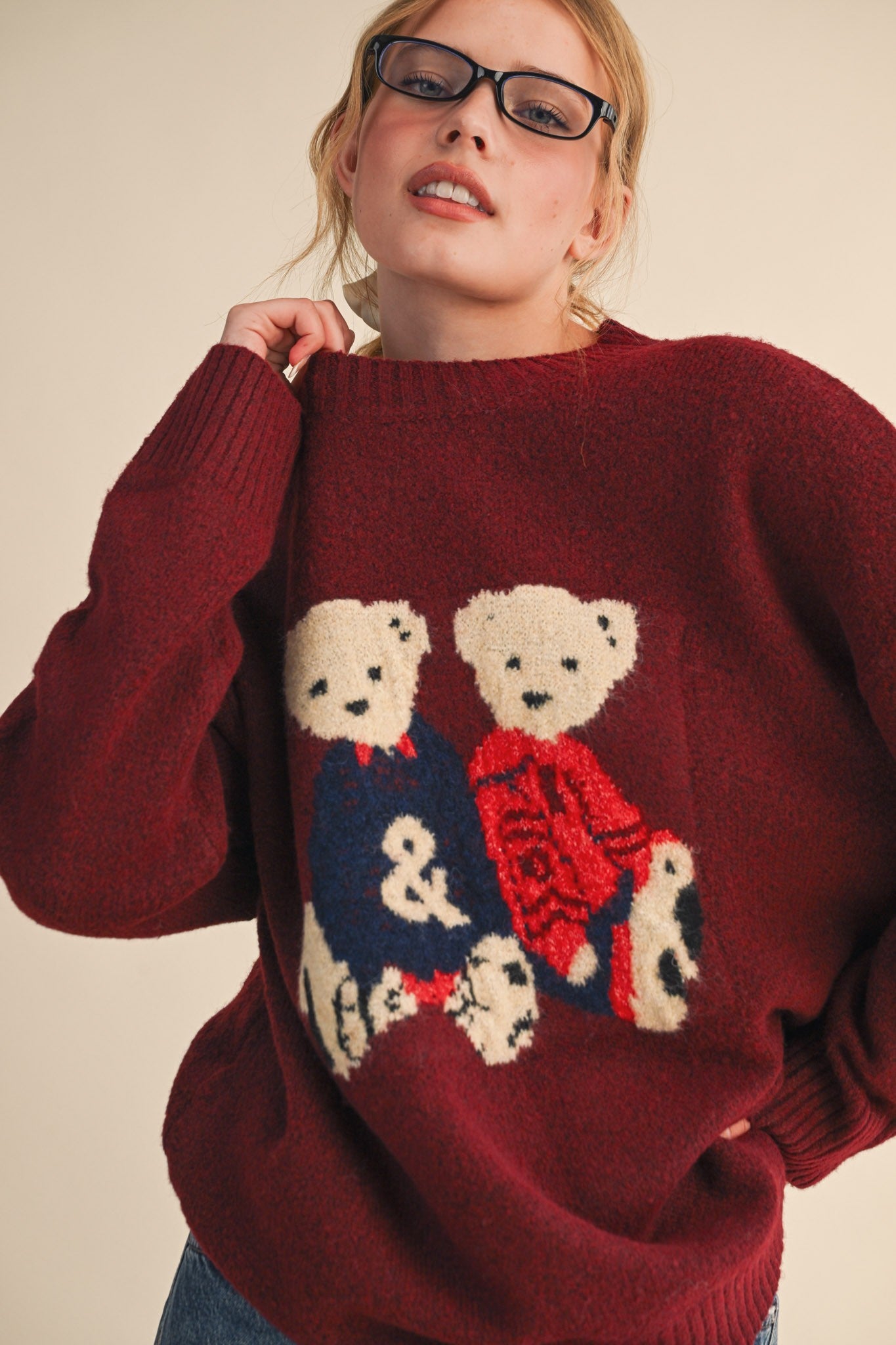 Teddy Companions Graphic Knit Sweater in Burgundy - product photo 2