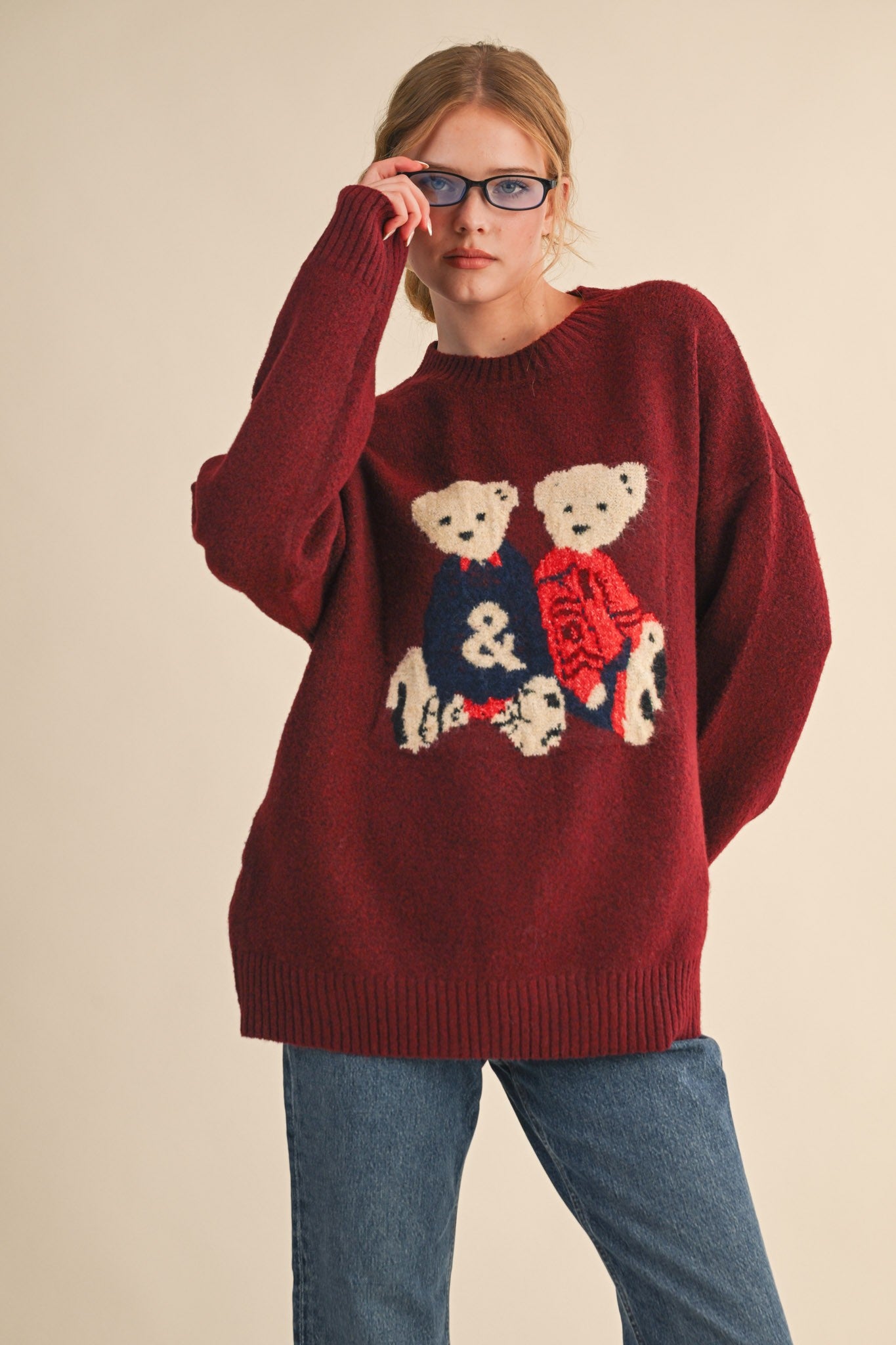 Teddy Companions Graphic Knit Sweater in Burgundy - product photo 3