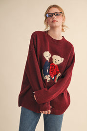 Teddy Companions Graphic Knit Sweater in Burgundy - product photo 4