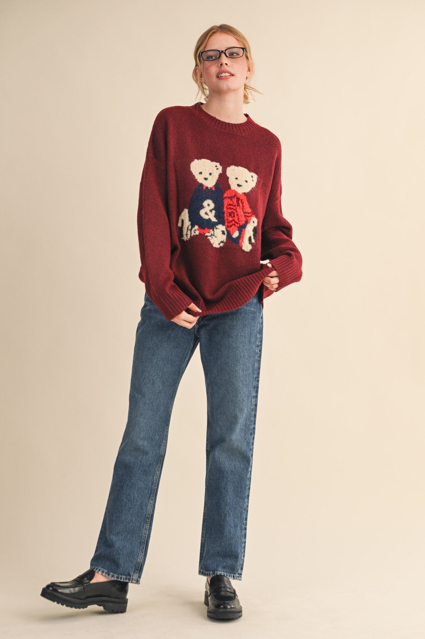 Teddy Companions Graphic Knit Sweater in Burgundy - product photo 7