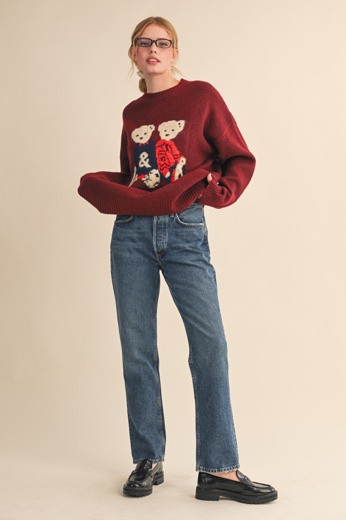 Teddy Companions Graphic Knit Sweater in Burgundy - product photo 8