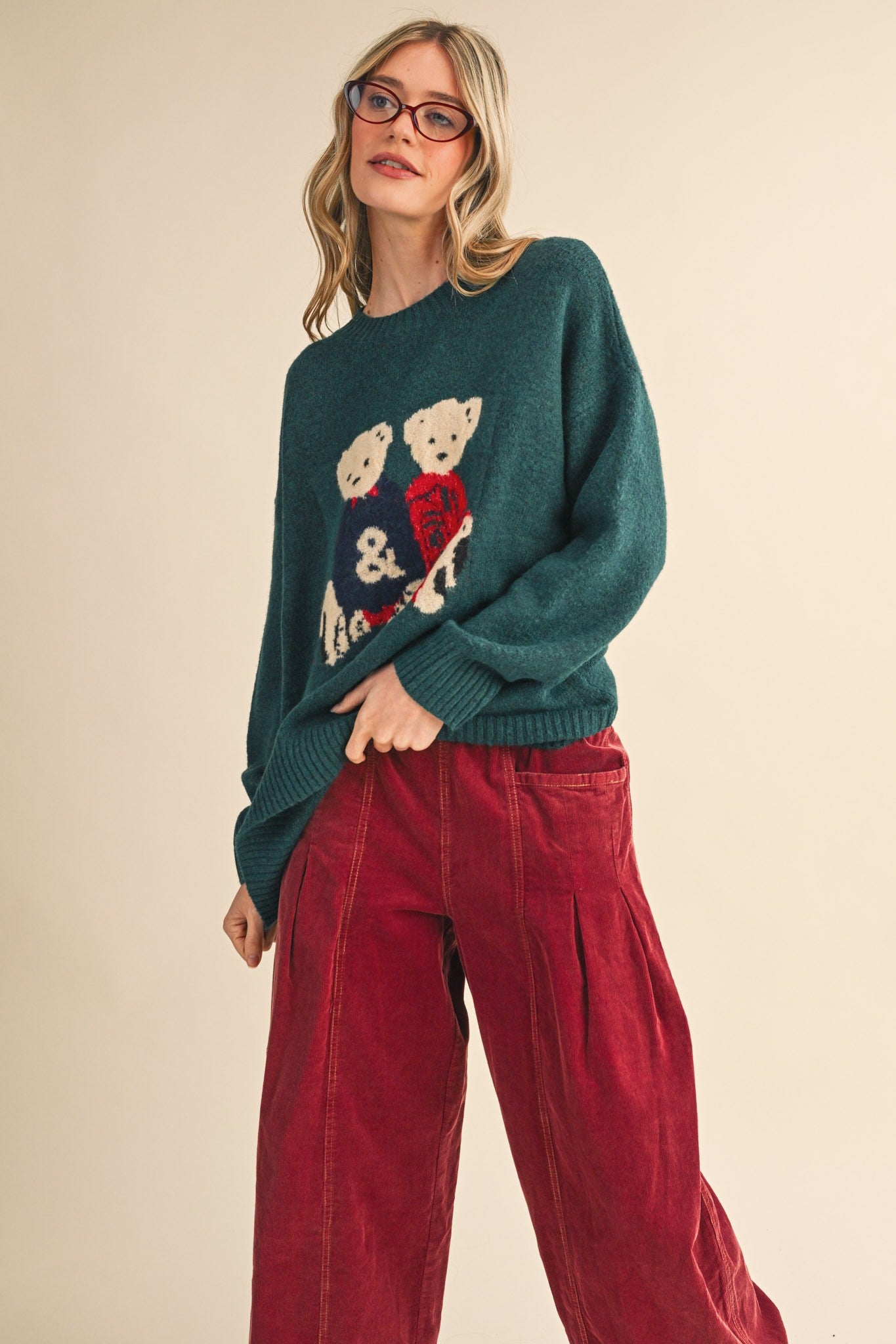 Teddy Companions Graphic Knit Sweater in Forest Green - product photo 4
