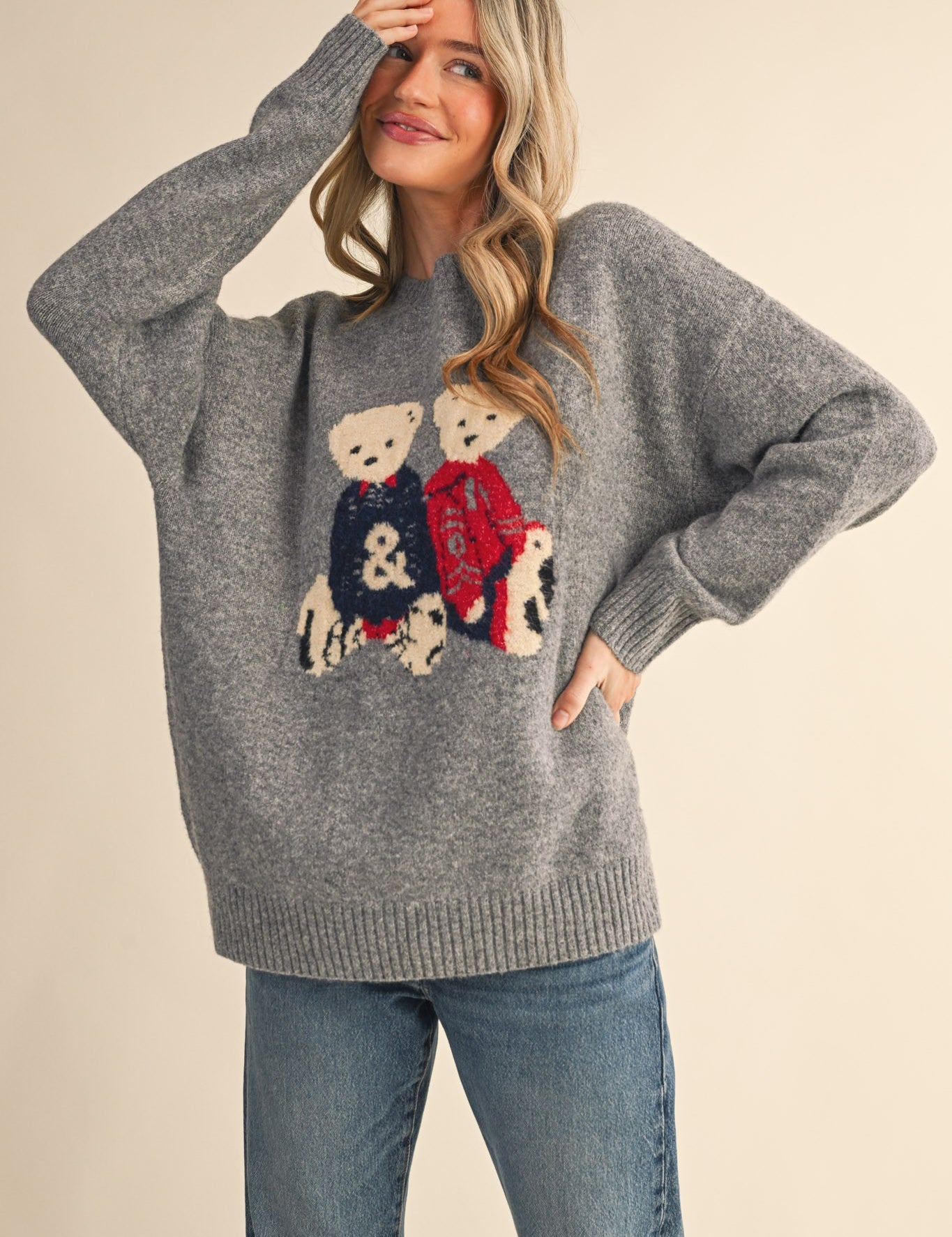 Teddy Companions Graphic Knit Sweater in Heather Grey - product photo 1