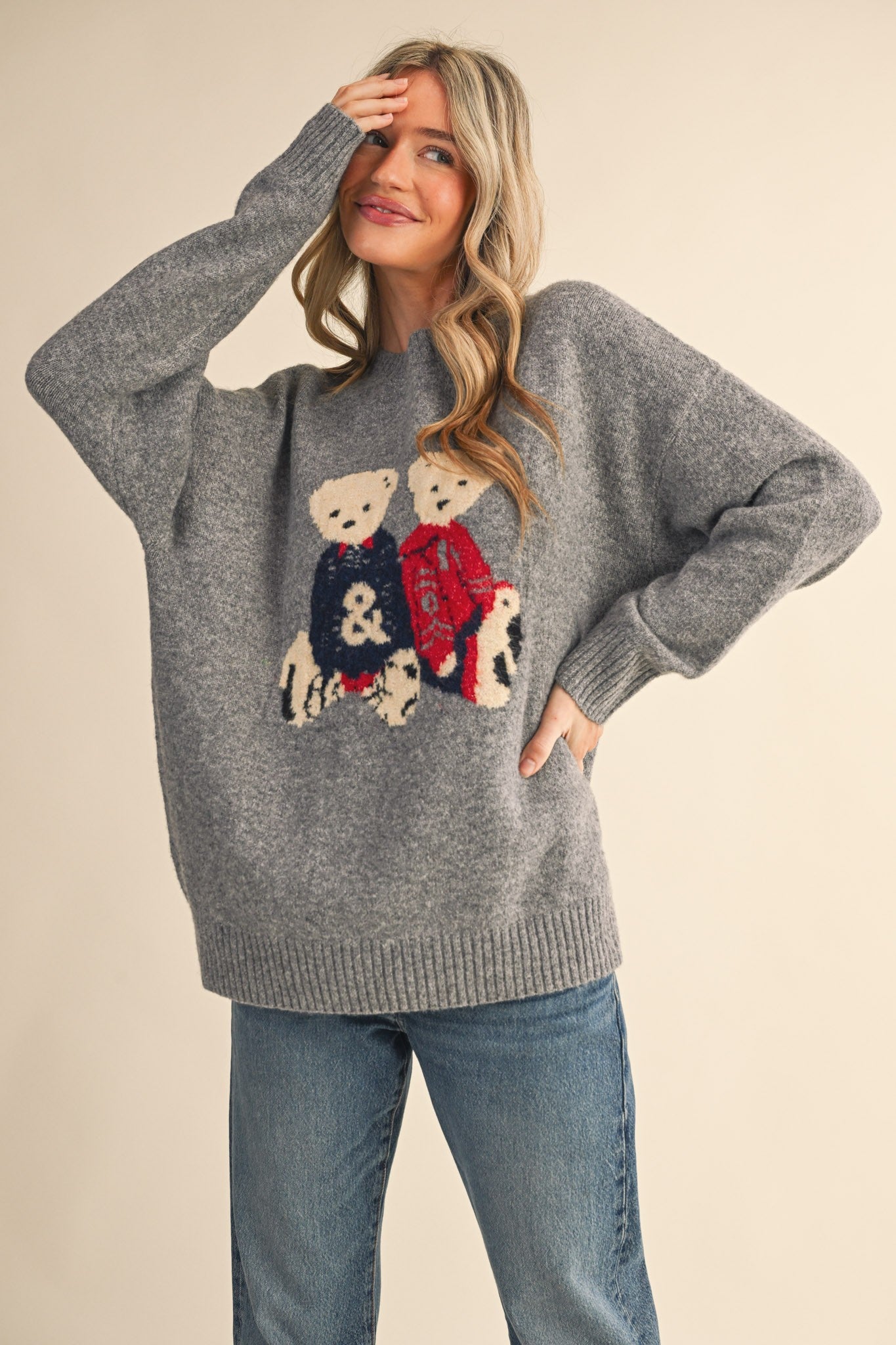 Teddy Companions Graphic Knit Sweater in Heather Grey - product photo 1