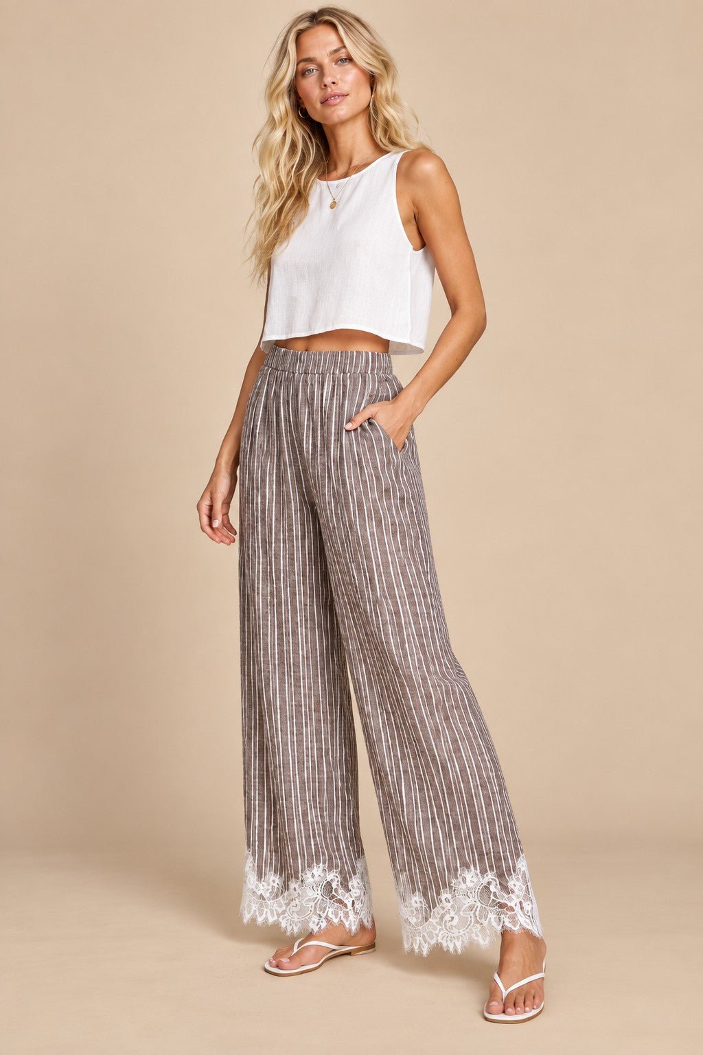 Tender Hour Lace Trim Striped Wide Leg Pants - Westly