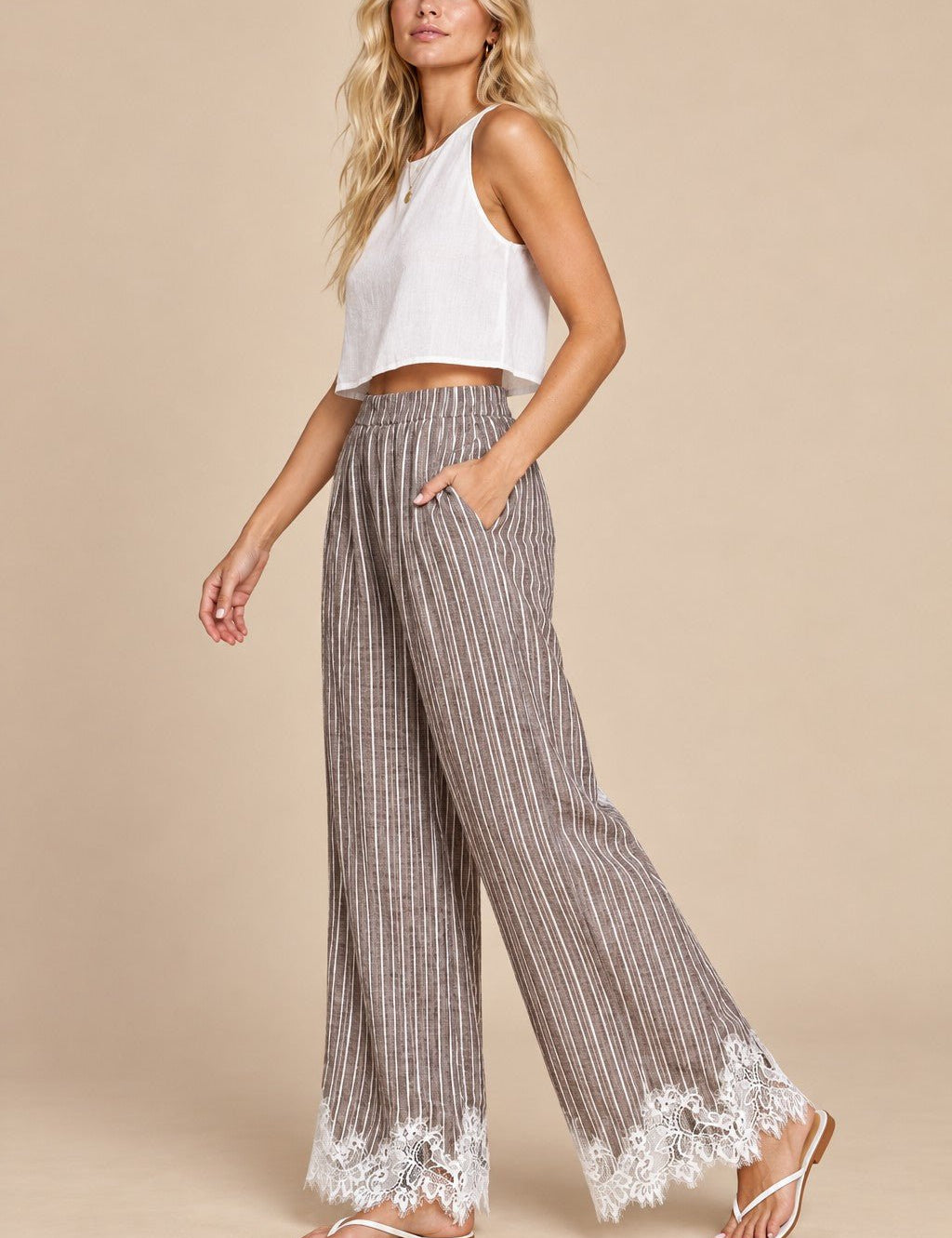 Tender Hour Lace Trim Striped Wide Leg Pants - Westly