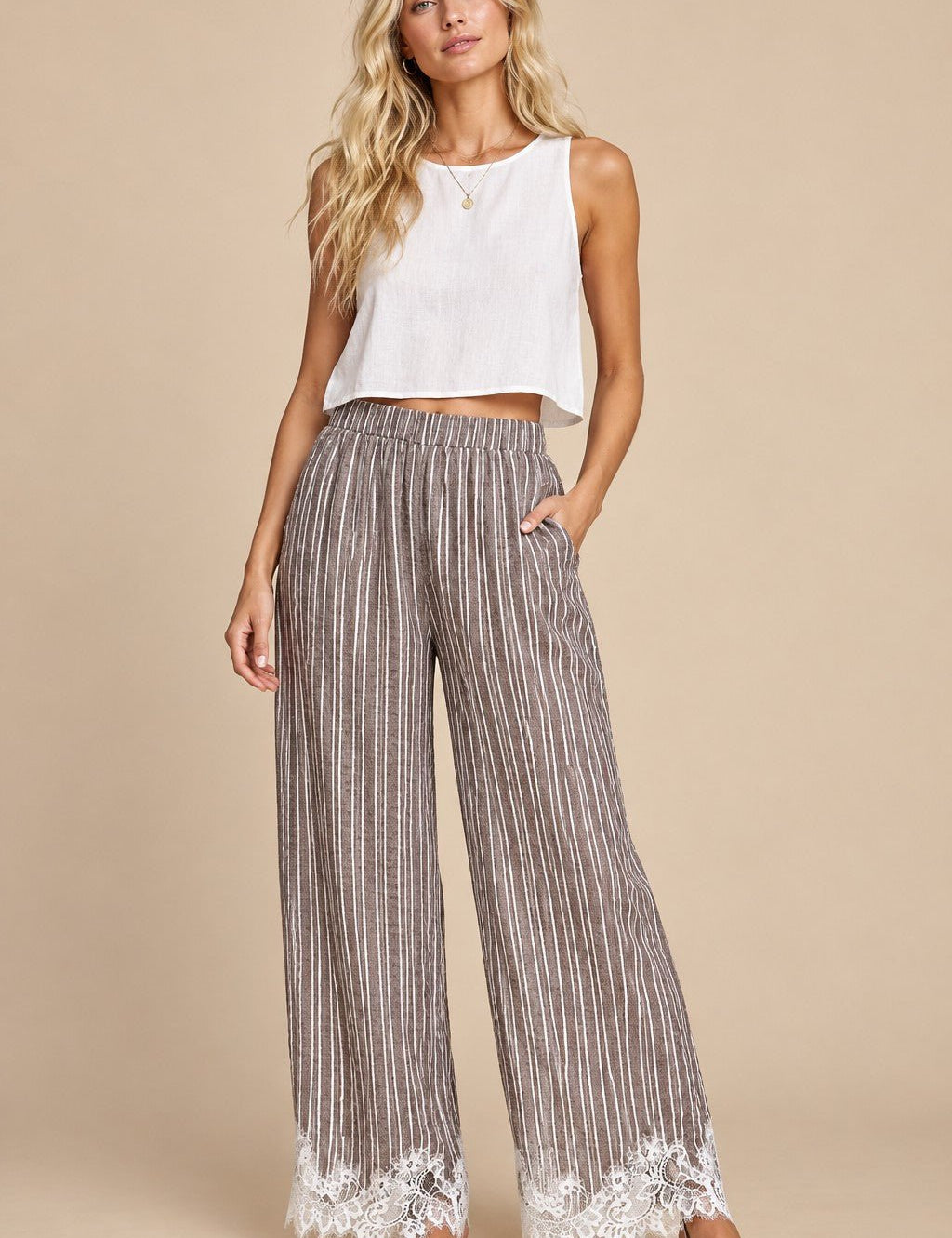 Tender Hour Lace Trim Striped Wide Leg Pants - Westly