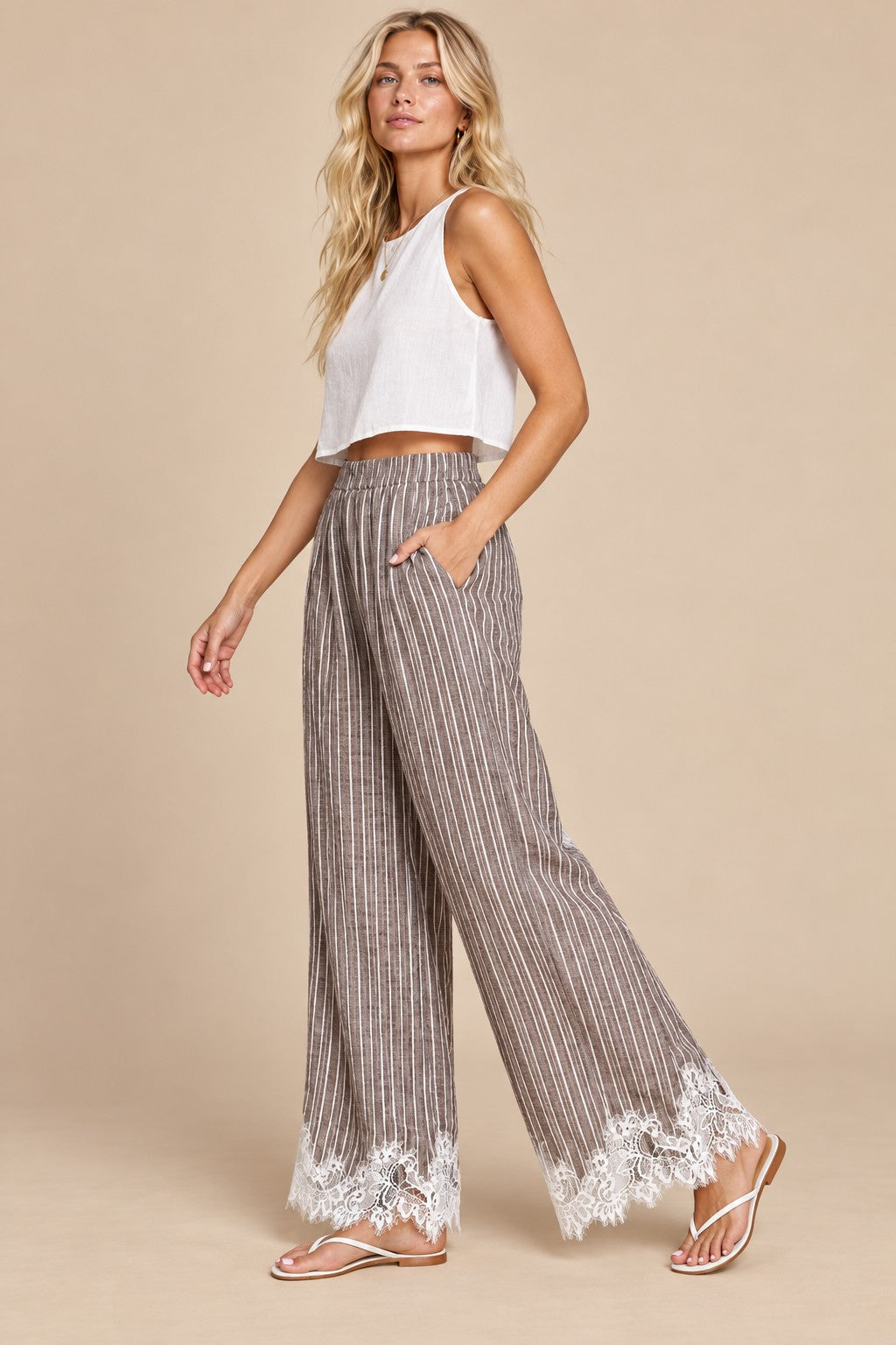 Tender Hour Lace Trim Striped Wide Leg Pants in Mocha, photo 1