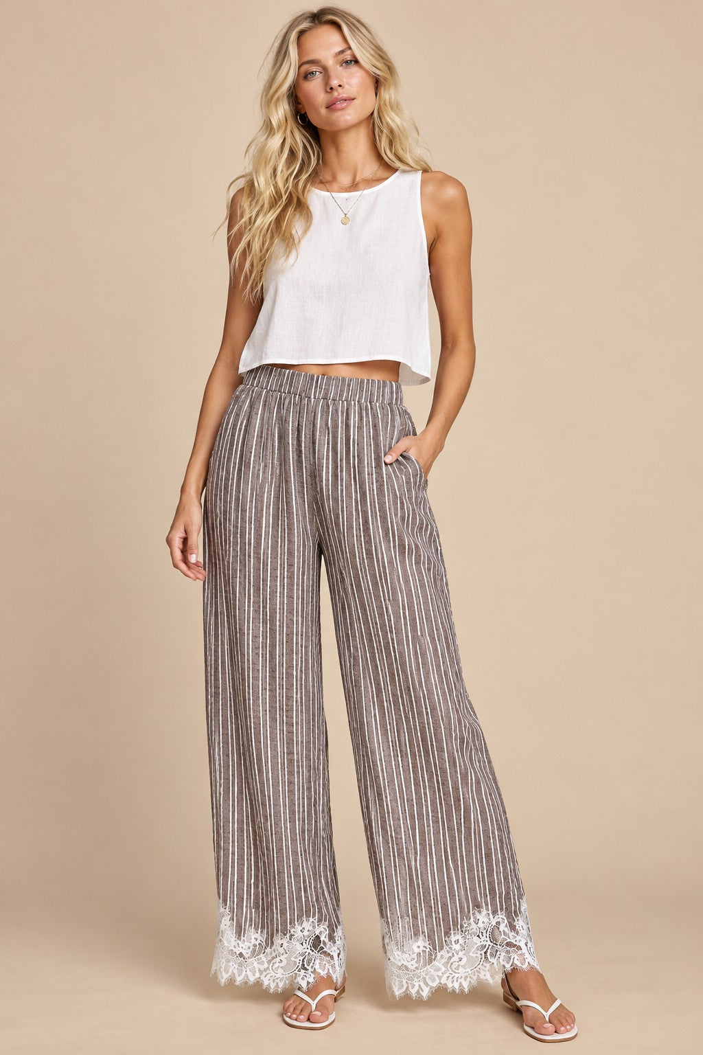 Tender Hour Lace Trim Striped Wide Leg Pants in Mocha, photo 2