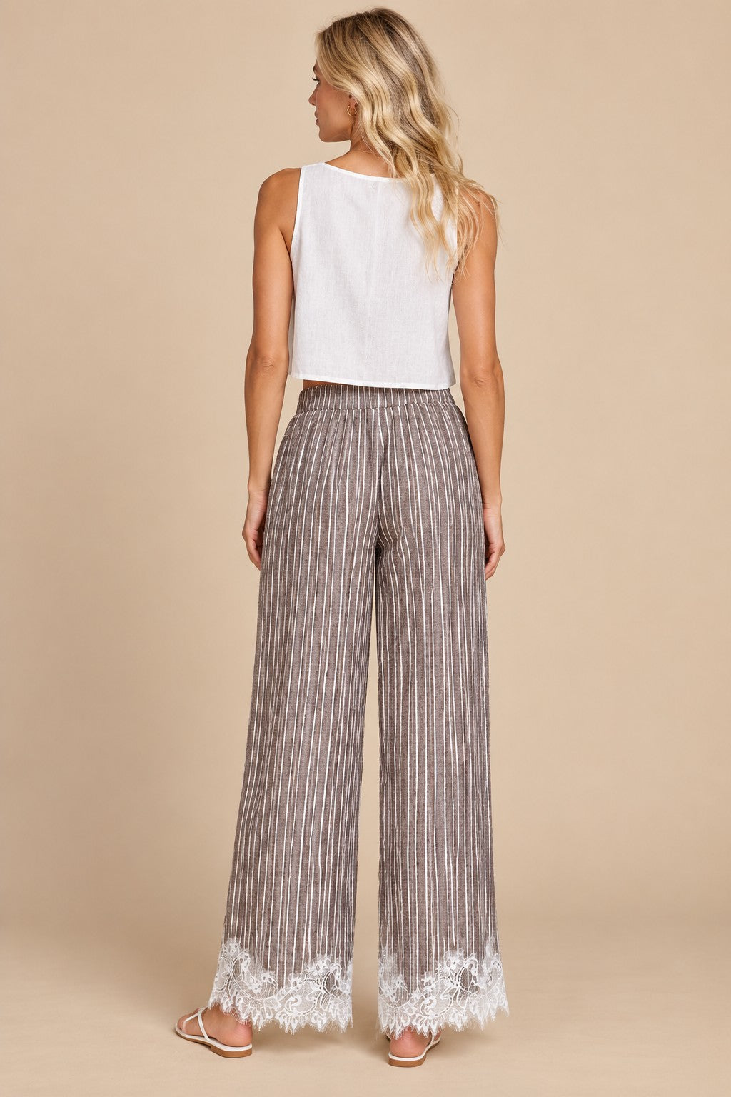 Tender Hour Lace Trim Striped Wide Leg Pants in Mocha, photo 5