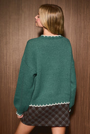 The Bakehouse Contrast Stitch Gingerbread Sweater in Green Ivory — product photo 03