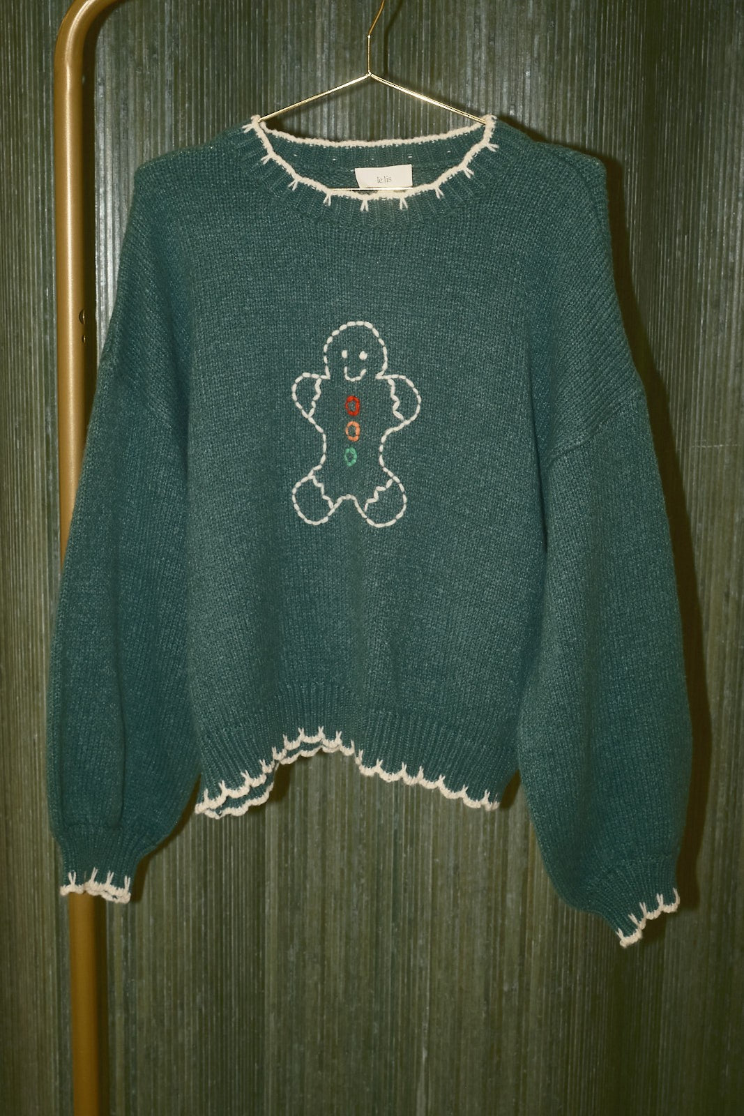 The Bakehouse Contrast Stitch Gingerbread Sweater in Green Ivory — product photo 05