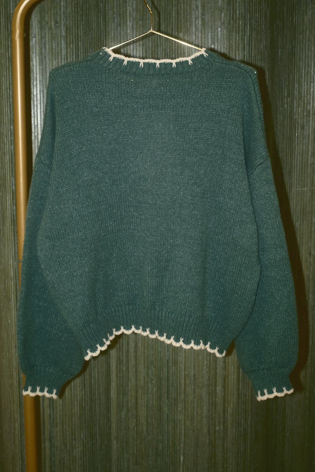 The Bakehouse Contrast Stitch Gingerbread Sweater in Green Ivory — product photo 06