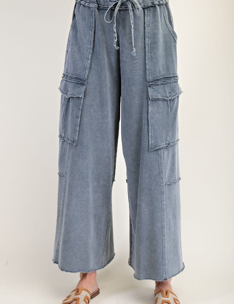The Essential Mineral Washed Wide Leg Terry Cargo Pants - Westly