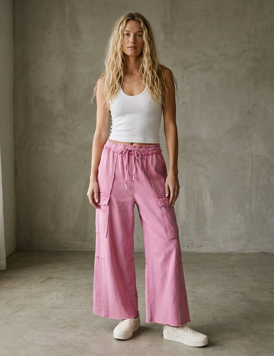 The Essential Mineral Washed Wide Leg Terry Cargo Pants - Westly