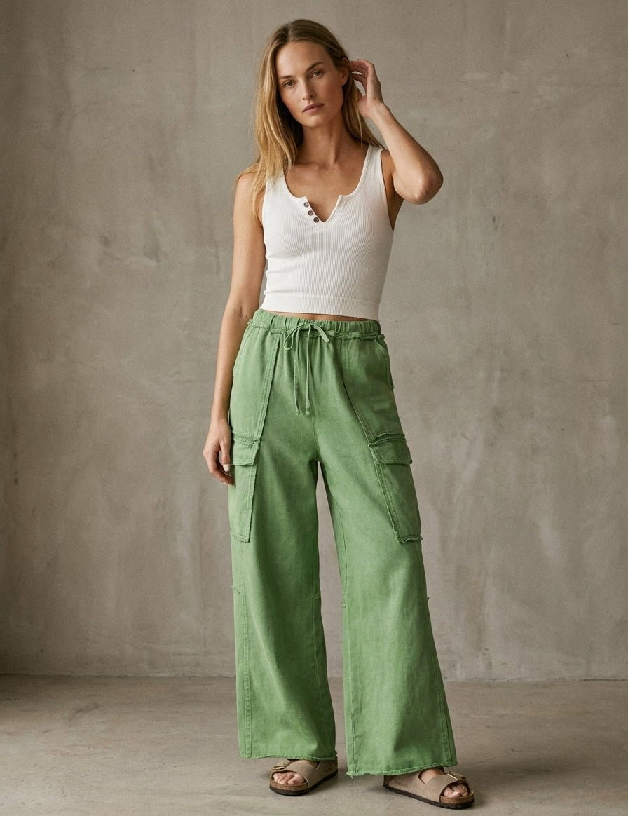 The Essential Mineral Washed Wide Leg Terry Cargo Pants - Westly