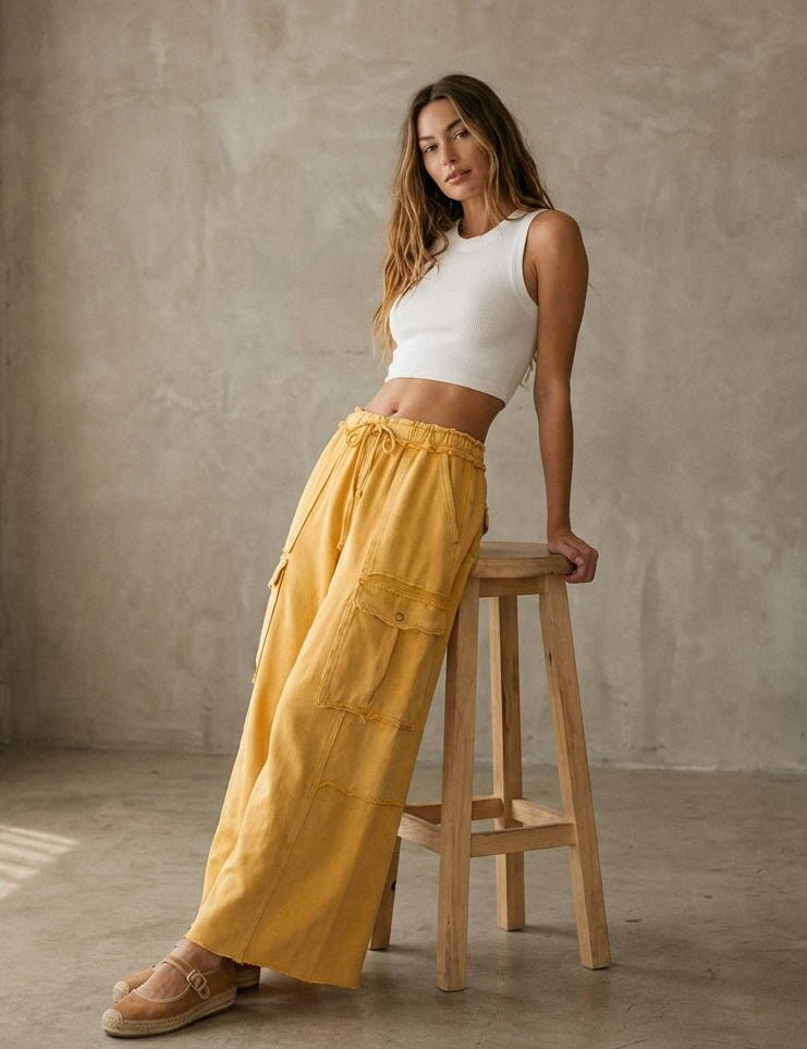 The Essential Mineral Washed Wide Leg Terry Cargo Pants - Westly
