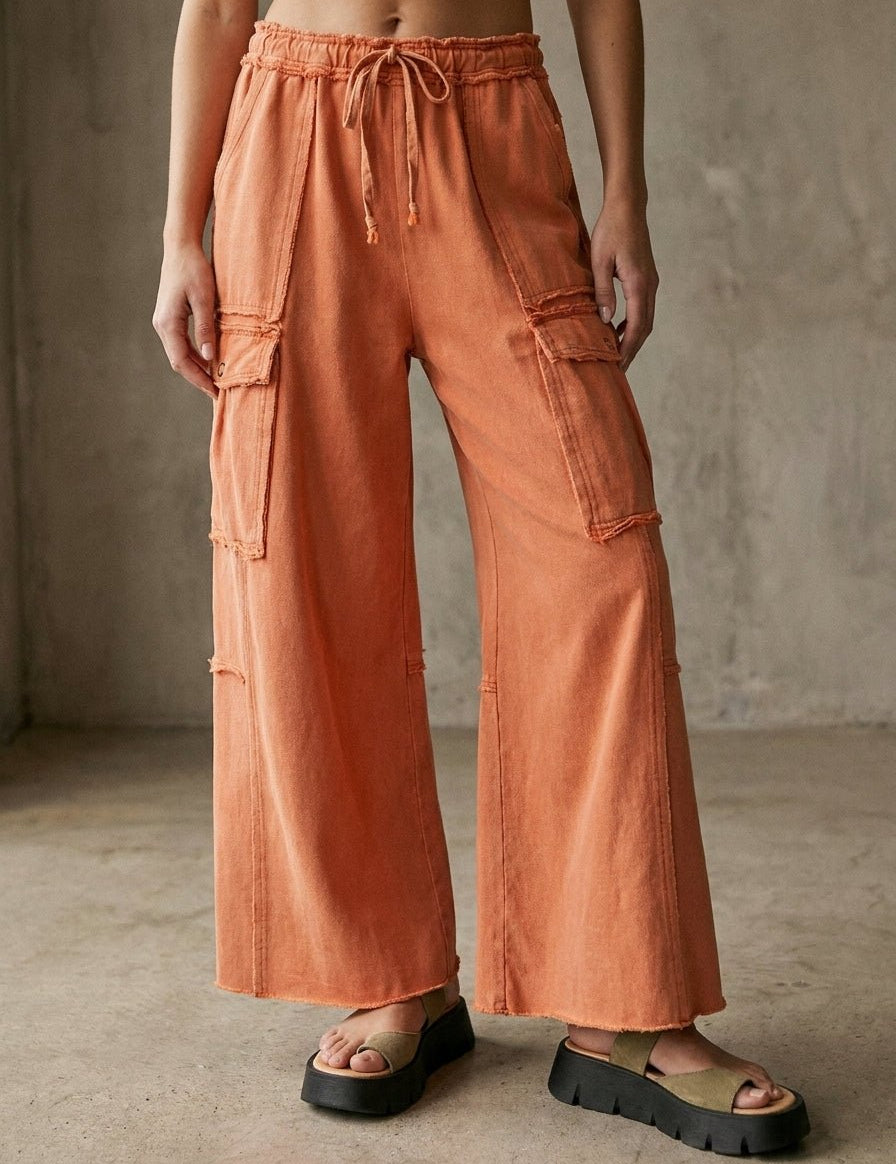 The Essential Mineral Washed Wide Leg Terry Cargo Pants - Westly