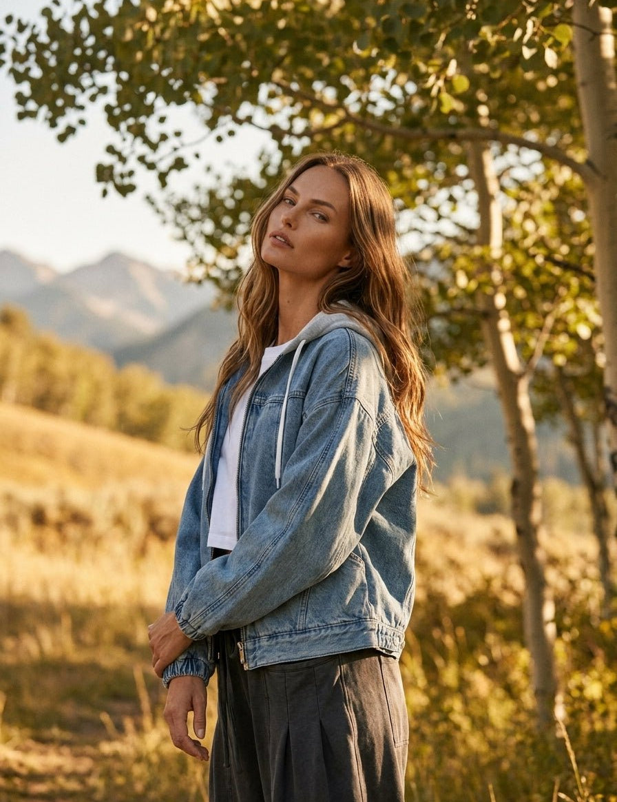 The Weekender Vintage Washed Denim Hooded Bomber Jacket - Westly