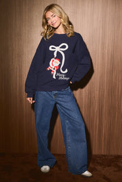 Tied with a Bow Santa Graphic Sweatshirt in Navy — product photo 04