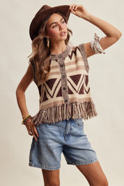 Tierra Fringe Knit Vest - Mocha