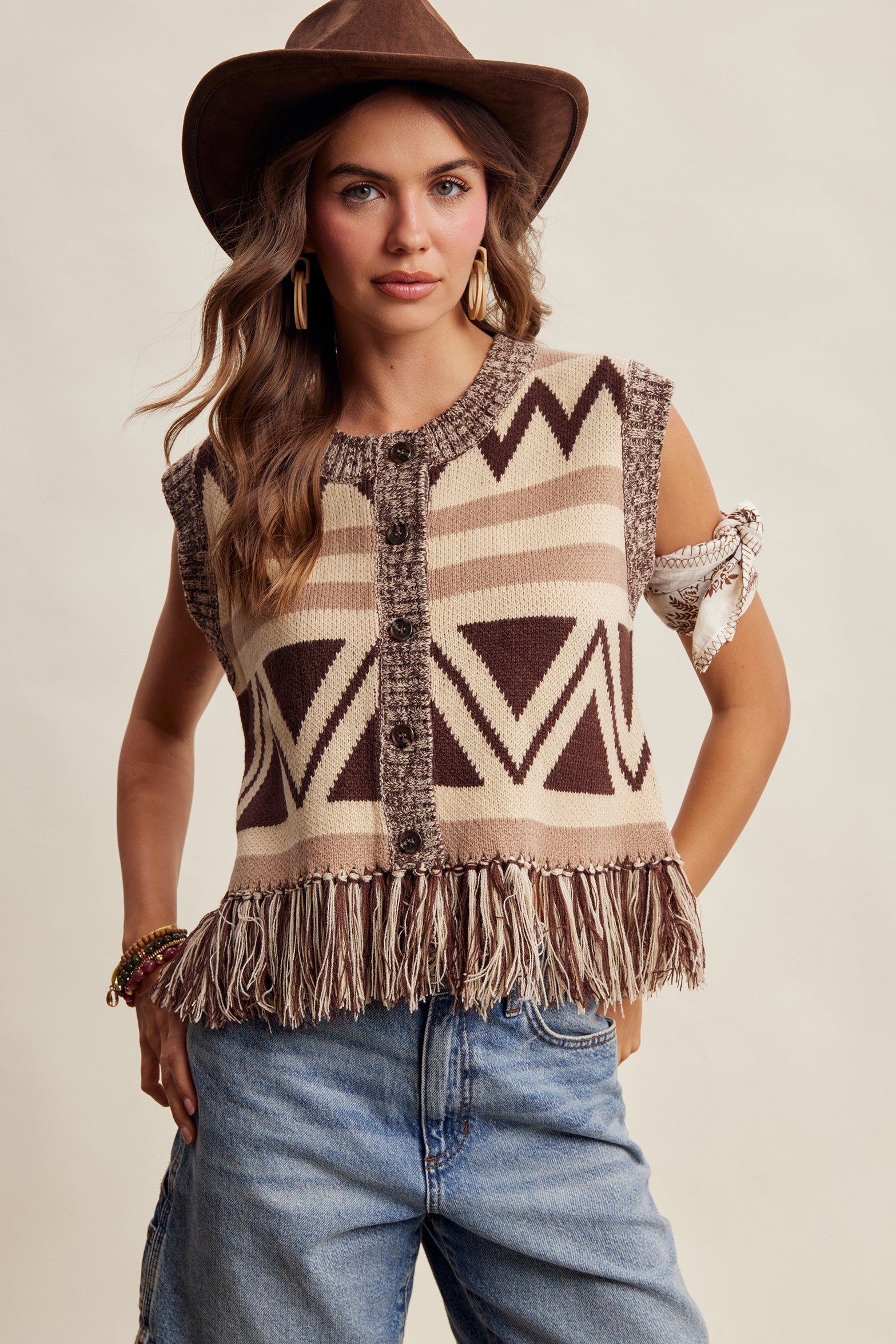 Tierra Fringe Knit Vest - Mocha