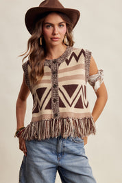 Tierra Fringe Knit Vest - Mocha