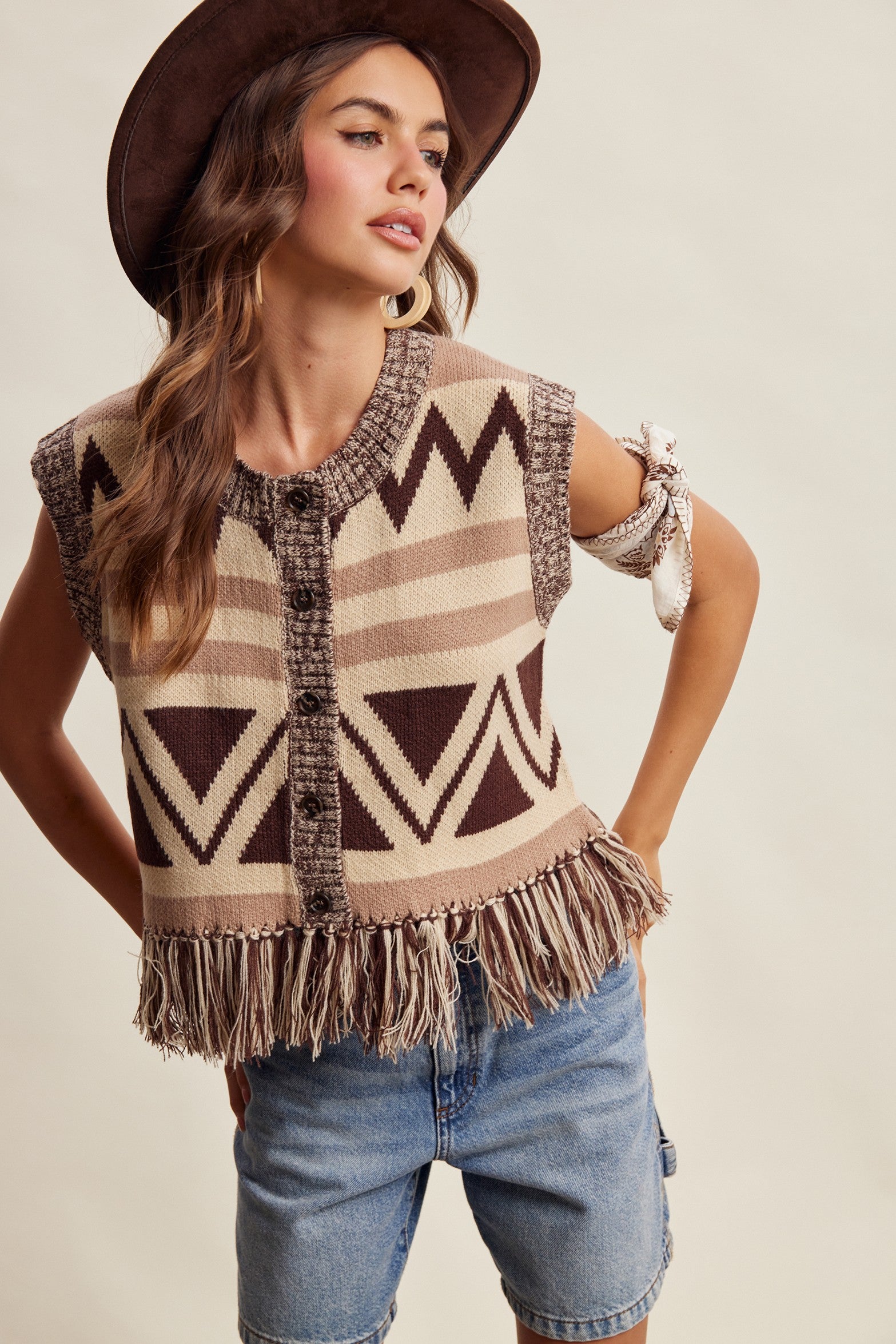 Tierra Fringe Knit Vest - Mocha