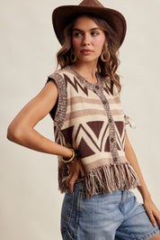 Tierra Fringe Knit Vest - Mocha