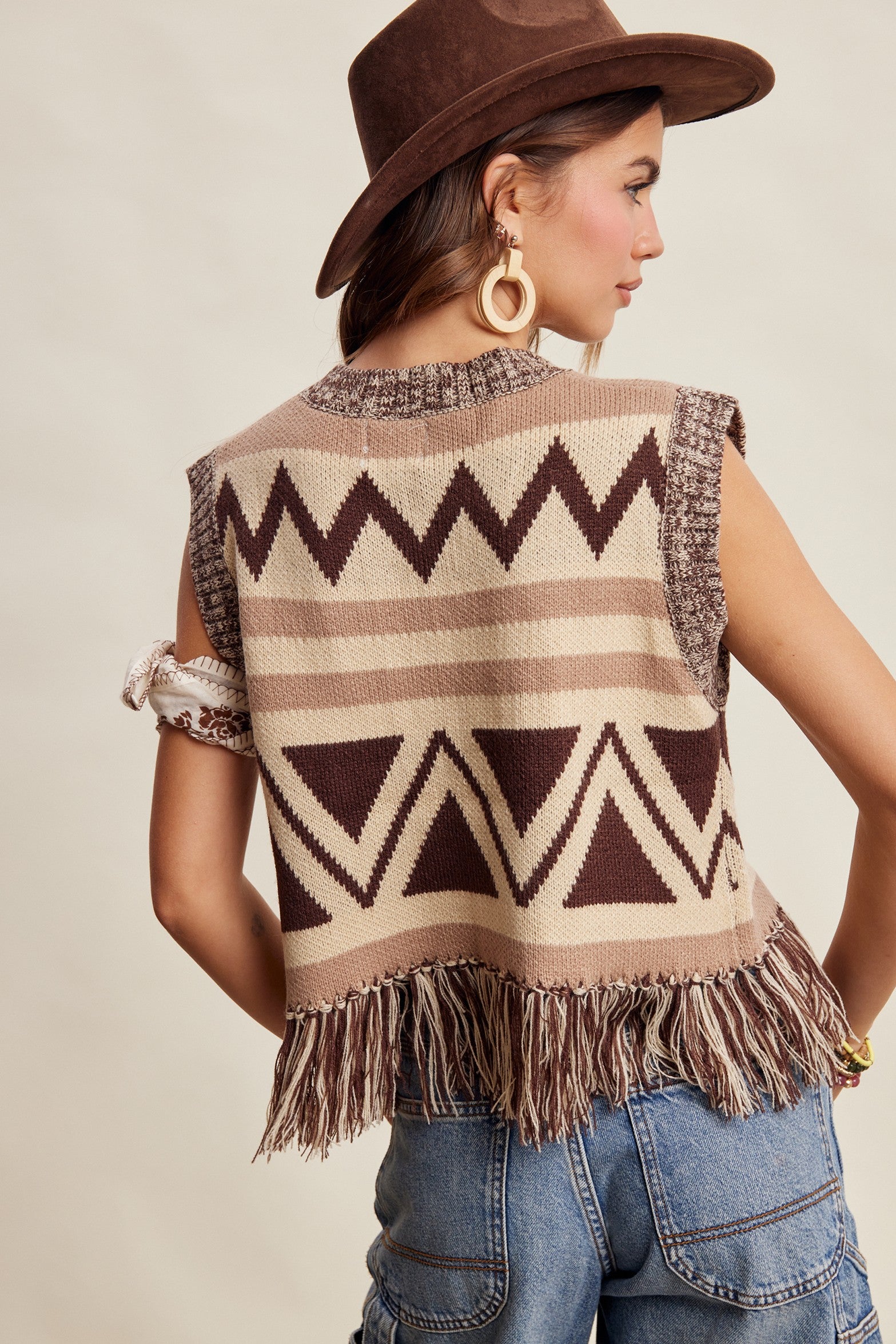 Tierra Fringe Knit Vest - Mocha