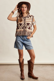 Tierra Fringe Knit Vest - Mocha