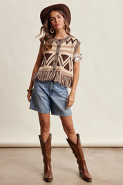 Tierra Fringe Knit Vest - Mocha