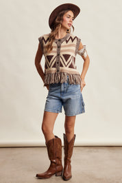 Tierra Fringe Knit Vest - Mocha