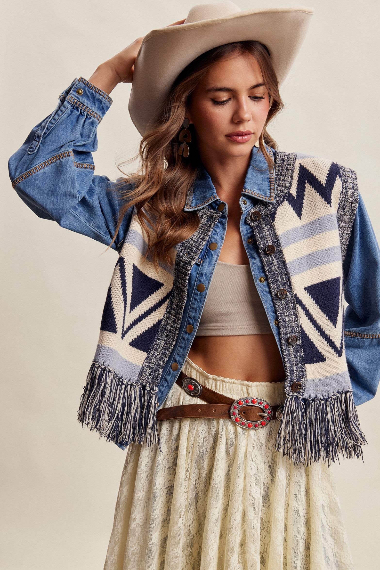 Tierra Fringe Knit Vest - Navy