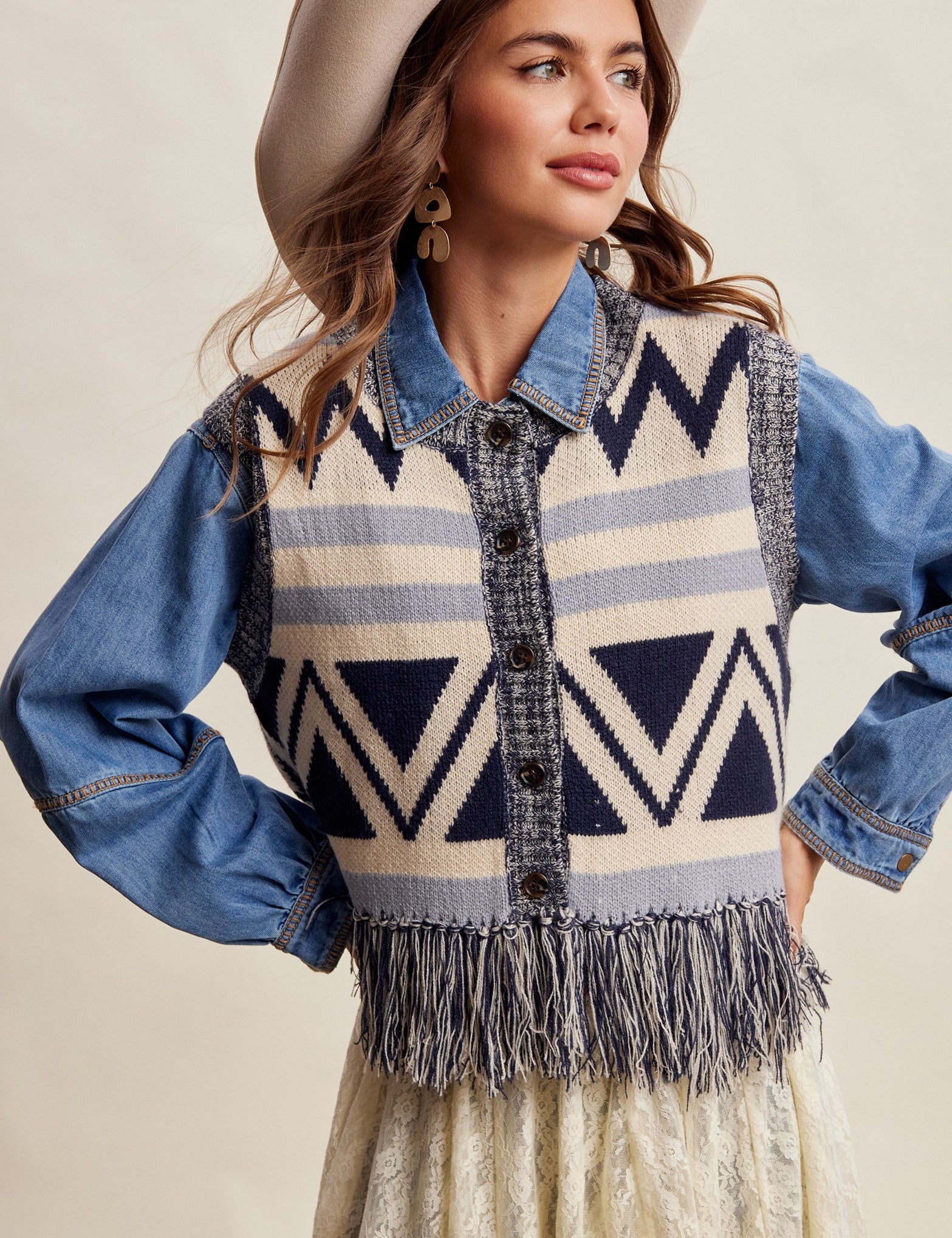 Tierra Fringe Knit Vest - Navy