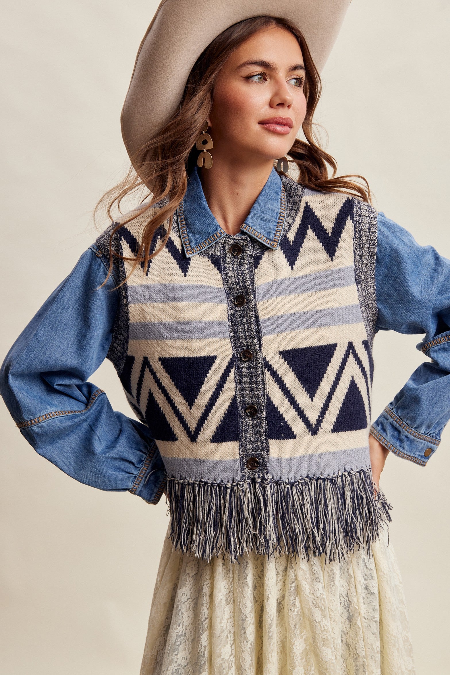 Tierra Fringe Knit Vest - Navy